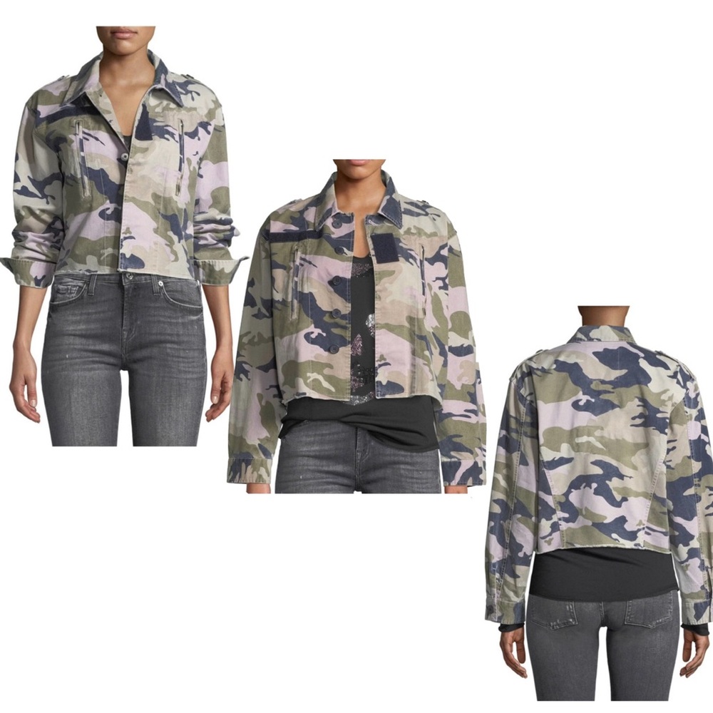 Zadig & Voltaire cropped camouflage jacket studded collar trim raw hemline L
